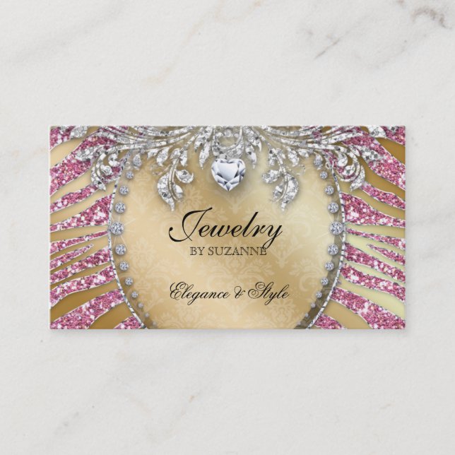 232 Jewelry Business Card Zebra Glitter Pink Gold (Front)