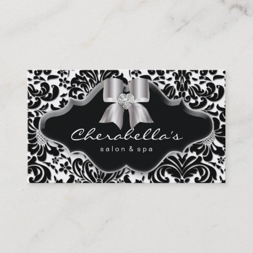 Customizable Salon Spa Business Card Silver Bow Jewel Damask