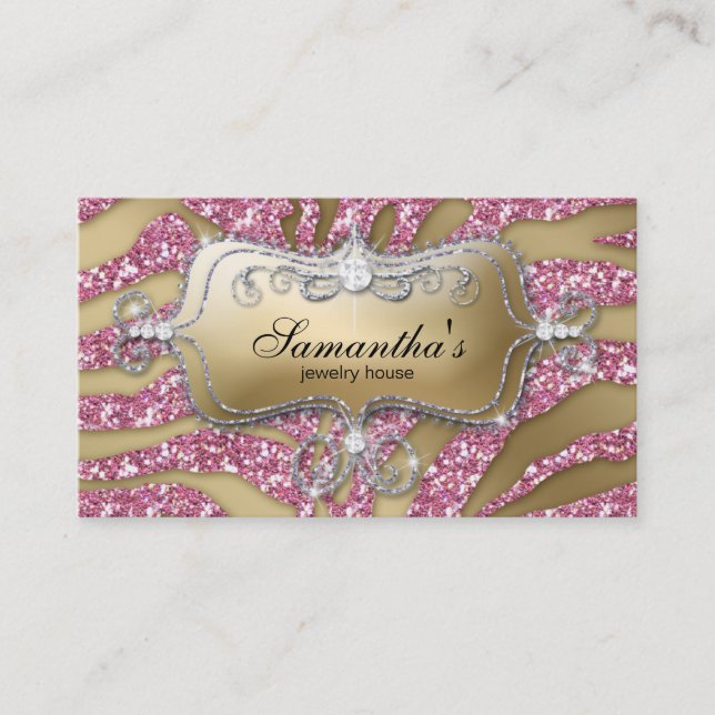 232 Sparkle Jewelry Business Zebra Gold Pink Silv Business Card (Front)