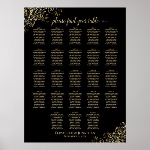 23 Table Black  Gold Frills Wedding Seating Chart
