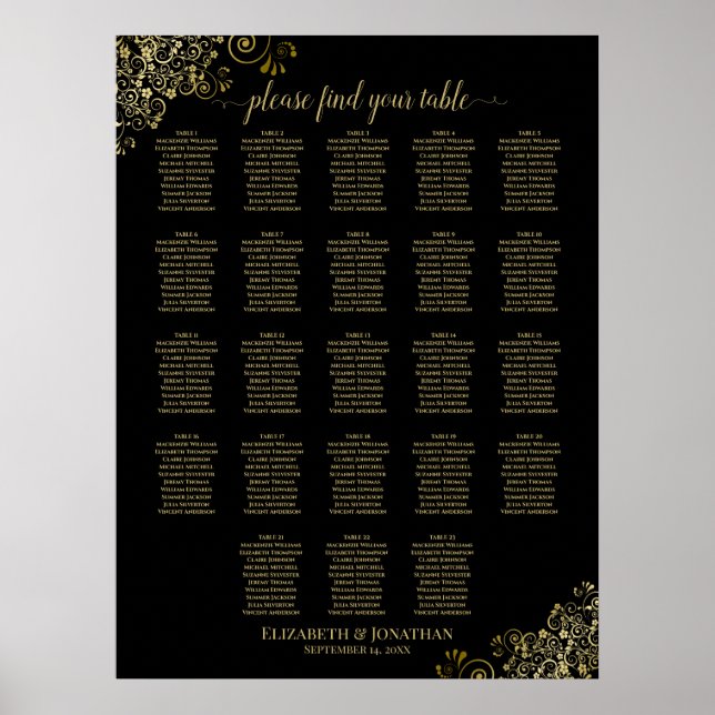 23 Table Black & Gold Frills Wedding Seating Chart (Front)
