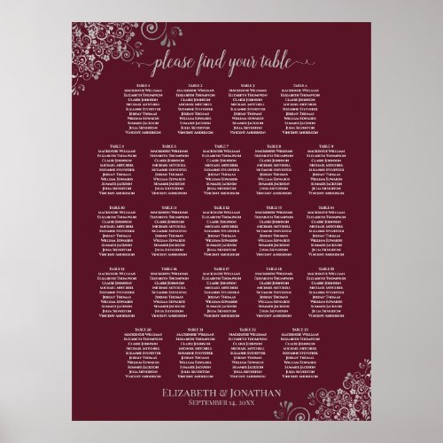 23 Table Burgundy  Silver Wedding Seating Chart