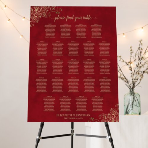 23 Table Crimson Red  Gold Wedding Seating Chart Foam Board