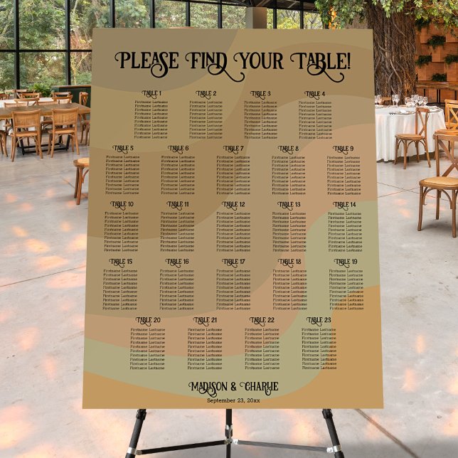 23 Table Earthtone Retro Swirls Seating Chart Foam Board (In Situ on Stand at Reception)