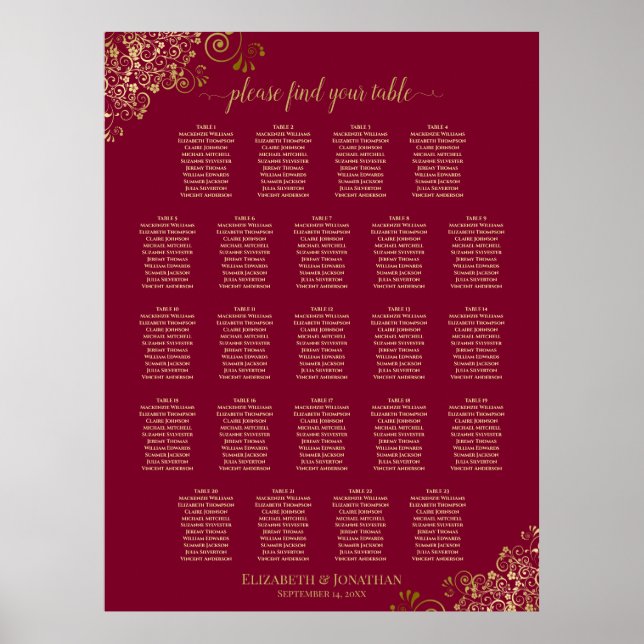23 Table Elegant Burgundy & Gold Seating Chart  (Front)