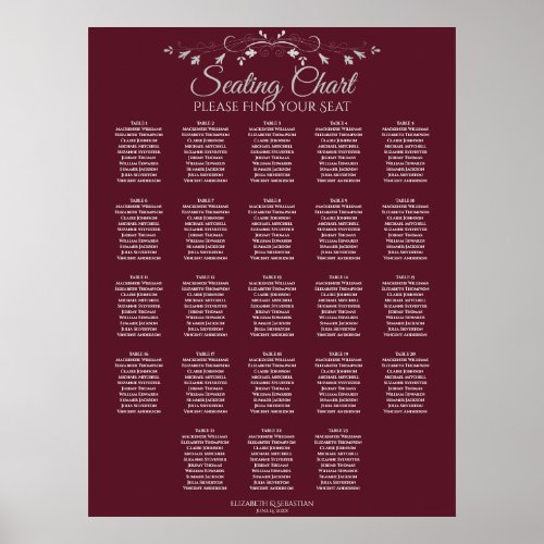 23 Table Elegant Burgundy Wedding Seating Chart