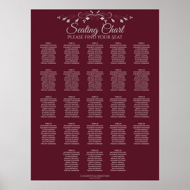 23 Table Elegant Burgundy Wedding Seating Chart (Front)