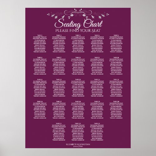 23 Table Elegant Cassis Wedding Seating Chart