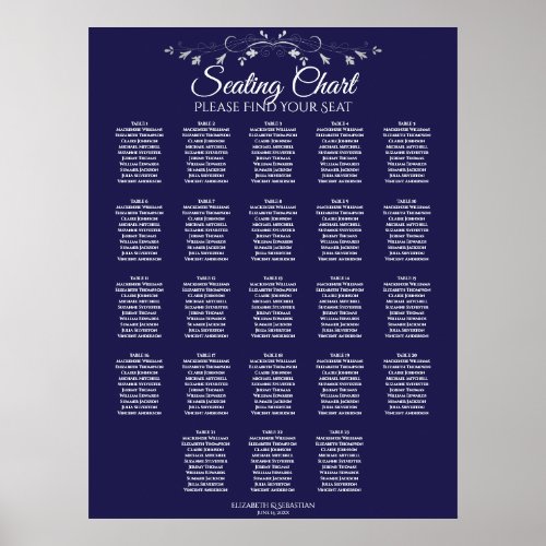 23 Table Elegant Navy Blue Wedding Seating Chart