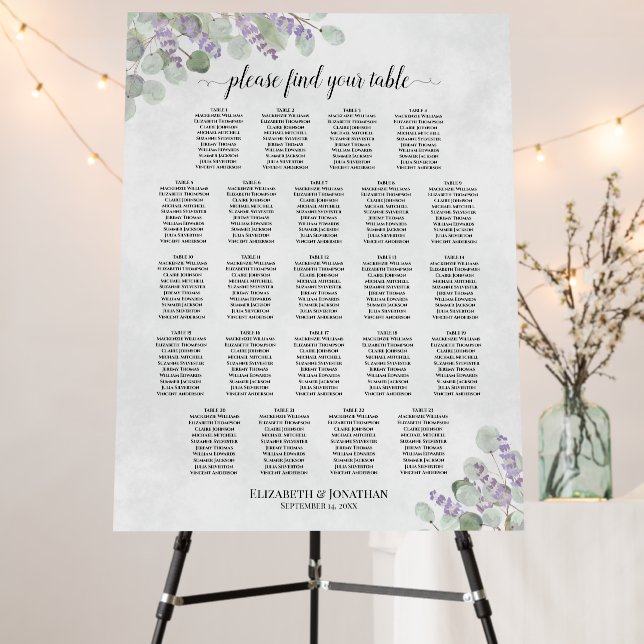 23 Table Eucalyptus Lavender Wedding Seating Chart Foam Board (In Situ (Stand))