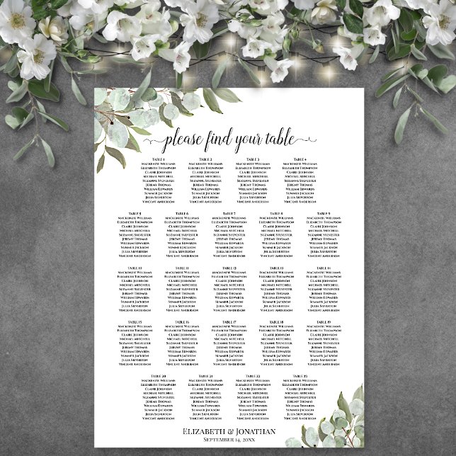 23 Table Eucalyptus Leaves Wedding Seating Chart (In Situ on Wall with Flowers)