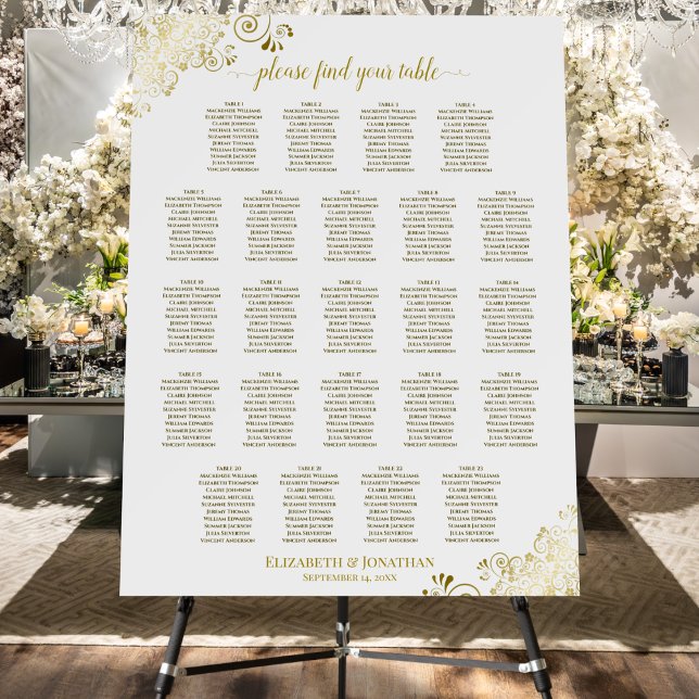 23 Table Fancy Gold & White Wedding Seating Chart Foam Board (In Situ at Reception with Flowers)