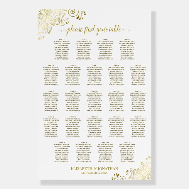 23 Table Fancy Gold & White Wedding Seating Chart Foam Board (Front)