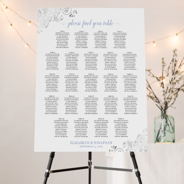 23 Table Fancy Silver Blue & White Seating Chart Foam Board (In Situ (Stand))