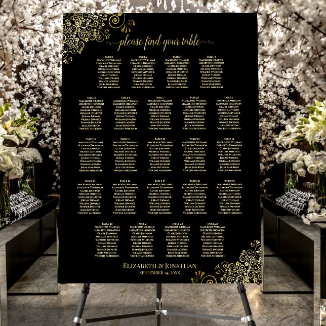 23 Table Frilly Black & Gold Wedding Seating Chart Foam Board (In Situ on Stand with Flowers)