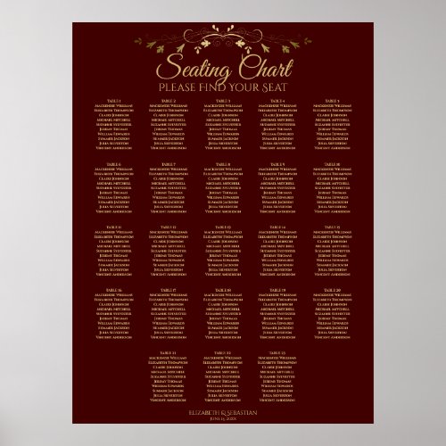 23 Table Gold  Auburn Brown Wedding Seating Chart