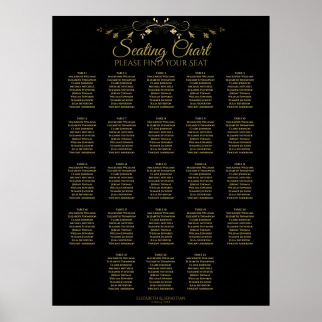 23 Table Gold Black Elegant Wedding Seating Chart (Front)