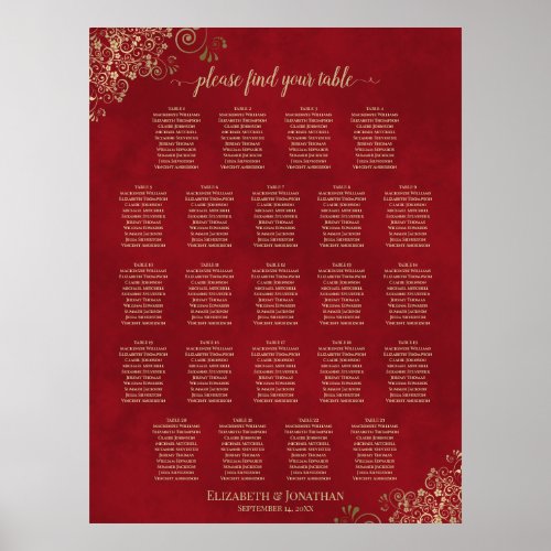23 Table Gold Frills on Red Wedding Seating Chart