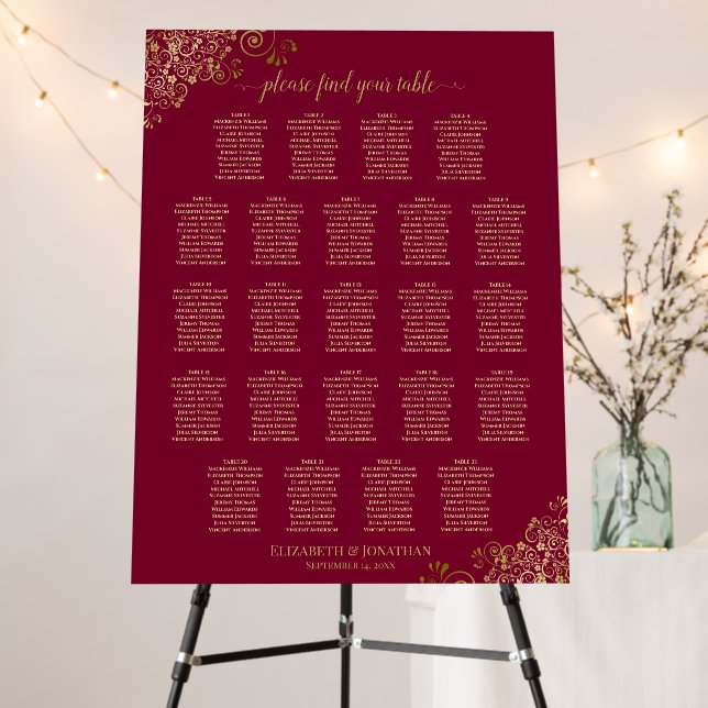 23 Table Gold Lace Burgundy Maroon Seating Chart Foam Board (In Situ (Stand))