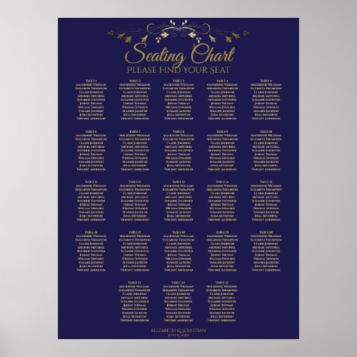 23 Table Gold  Navy Elegant Wedding Seating Chart