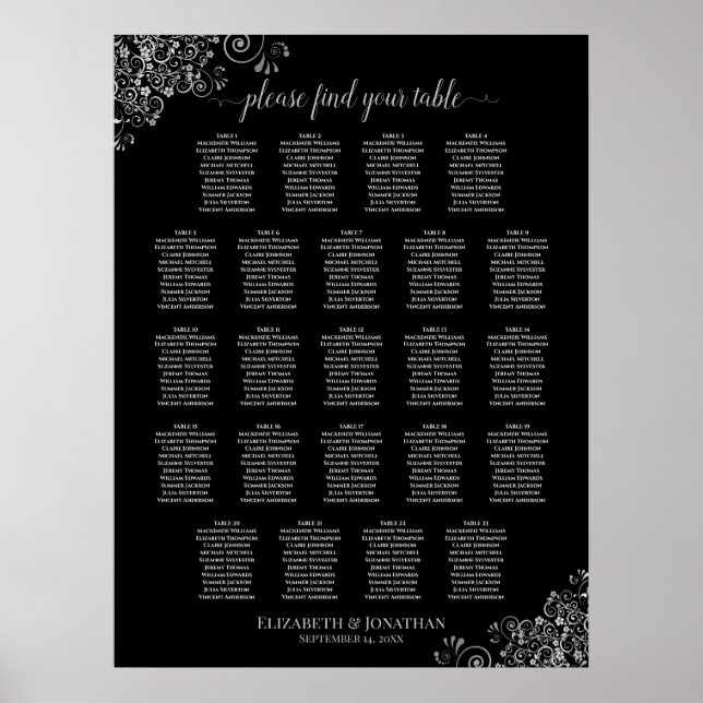 23 Table Lacy Silver & Black Wedding Seating Chart (Front)