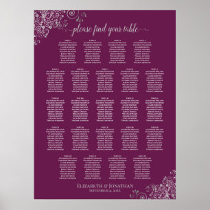 23 Table Lacy Silver Cassis Wedding Seating Chart