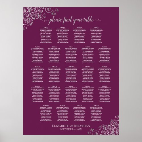 23 Table Lacy Silver Cassis Wedding Seating Chart