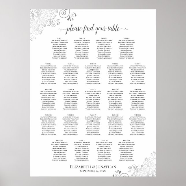 23 Table Lacy Silver Frills Wedding Seating Chart (Front)