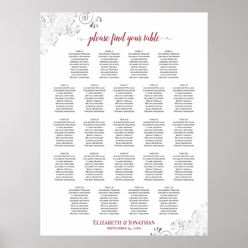23 Table Lacy Silver Wedding Seating Chart Red