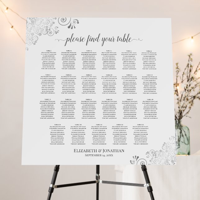23 Table Lacy Silver White Wedding Seating Chart Foam Board (In Situ (Stand))