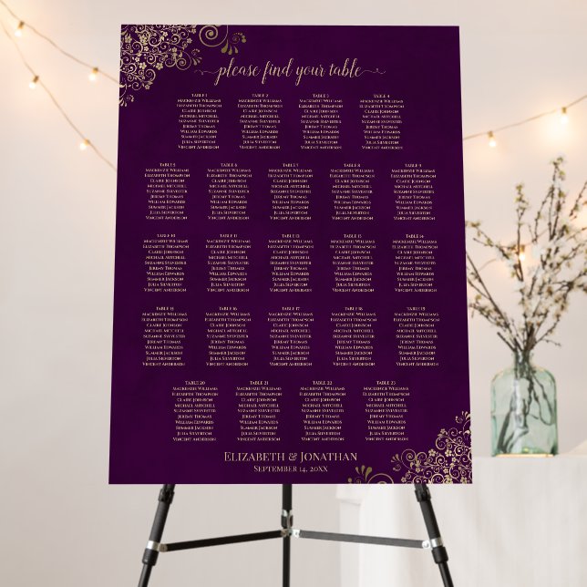 23 Table Plum Purple & Gold Wedding Seating Chart Foam Board (In Situ (Stand))