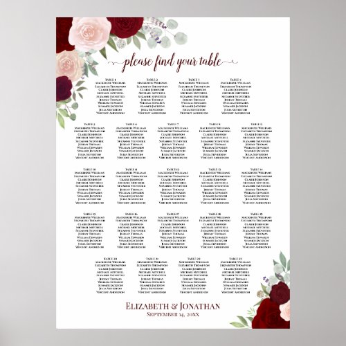 23 Table Red  Pink Floral Wedding Seating Chart