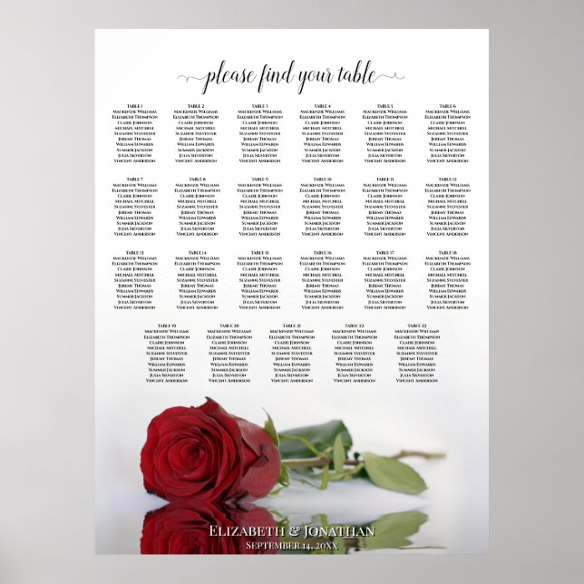 23 Table Reflecting Red Rose Wedding Seating Chart (Front)