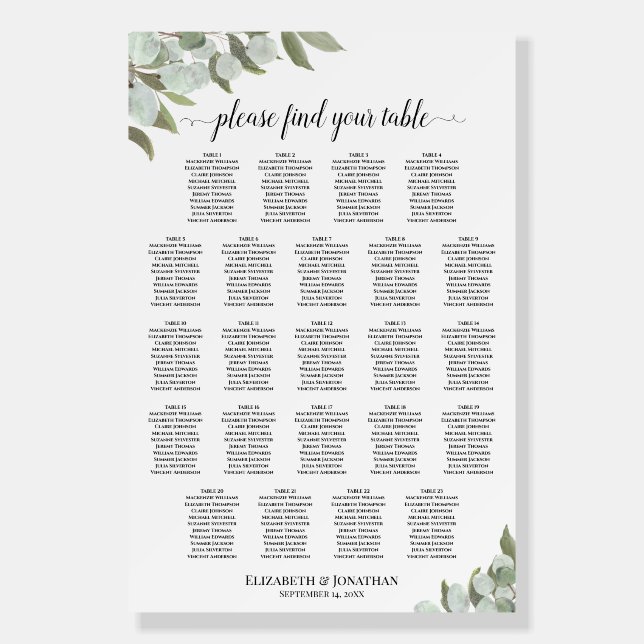 23 Table Rustic Eucalyptus Wedding Seating Chart Foam Board (Front)