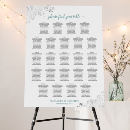 23 Table Silver Curls Teal on White Seating Chart Foam Board