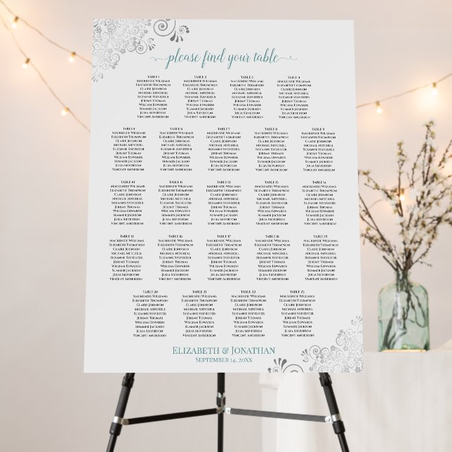 23 Table Silver Curls Teal on White Seating Chart Foam Board (In Situ (Stand))