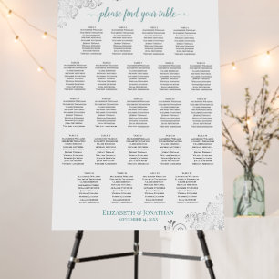 23 Table Silver Curls Teal on White Seating Chart Foam Board