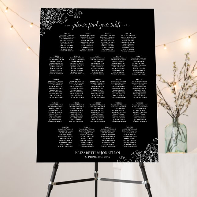 23 Table Silver Lace & Black Wedding Seating Chart Foam Board (In Situ (Stand))