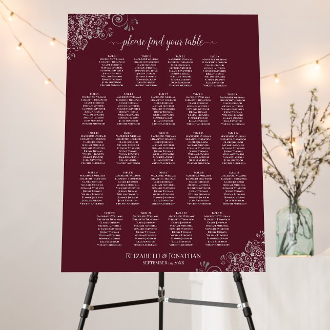 23 Table Silver Lace on Burgundy Seating Chart Foam Board (In Situ (Stand))