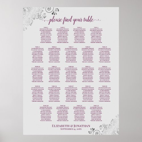23 Table Wedding Seating Chart Cassis on Gray