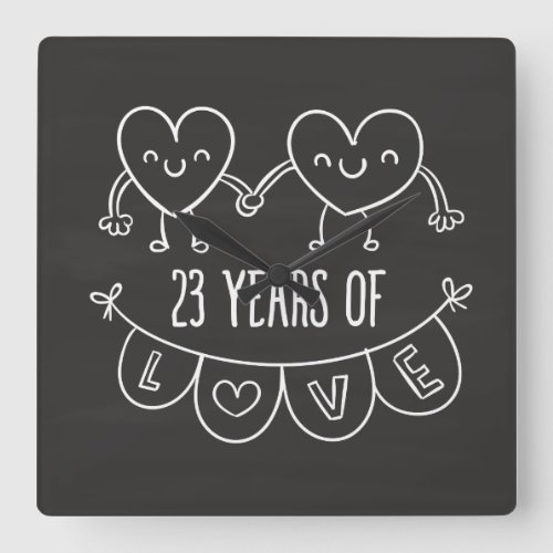 23rd Anniversary Gift Chalk Hearts Square Wall Clock