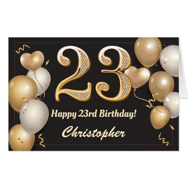 23rd Birthday Black and Gold Balloons Extra Large Card (Front Horizontal)
