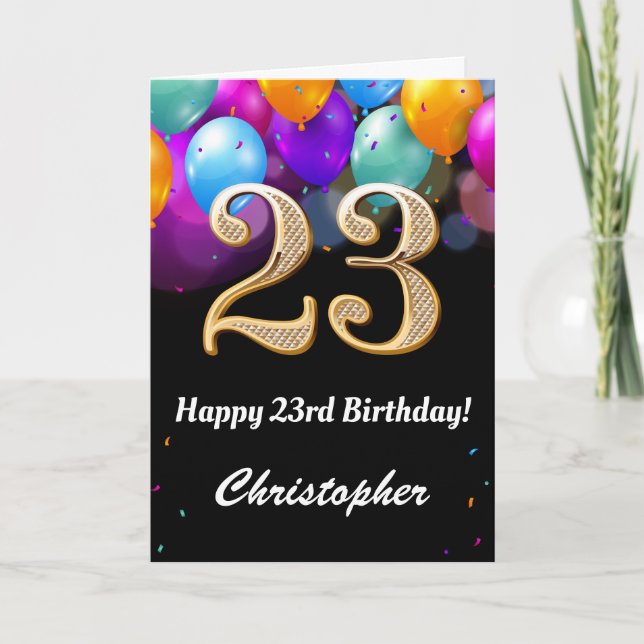 23rd Birthday Black and Gold Colorful Balloons Card (Front)