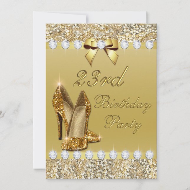 23rd Birthday Classy Gold Heels Sequins Diamonds Invitation (Front)