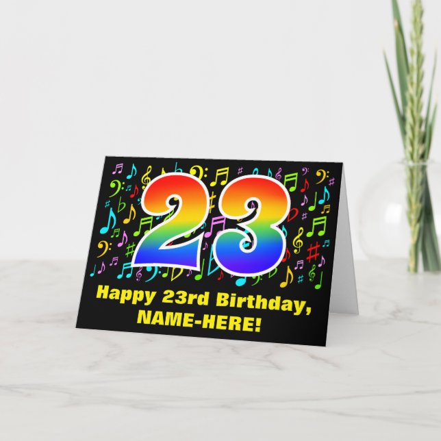 23rd Birthday: Colorful Music Symbols & Rainbow 23 Card (Front)