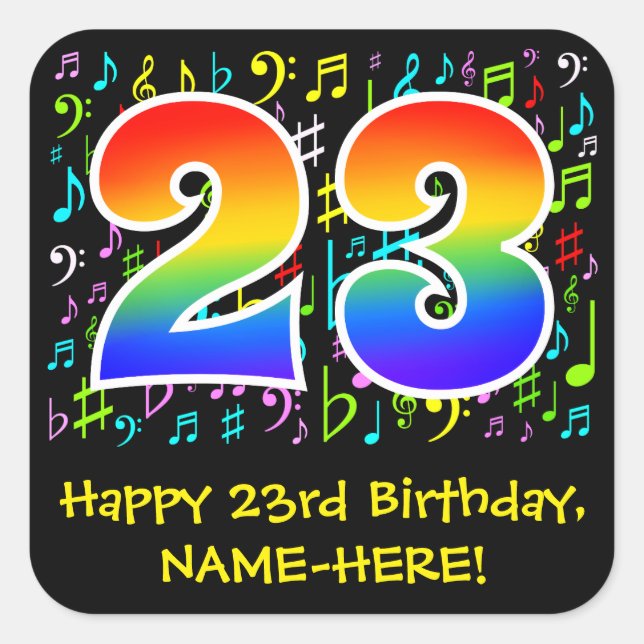 23rd Birthday: Colorful Music Symbols, Rainbow 23 Square Sticker (Front)