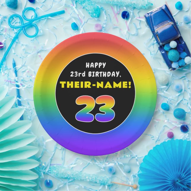 23rd Birthday: Colorful Rainbow # 23, Custom Name Paper Plates (Party)