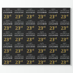 [ Thumbnail: 23rd Birthday: Elegant, Black, Faux Gold Look Wrapping Paper ]