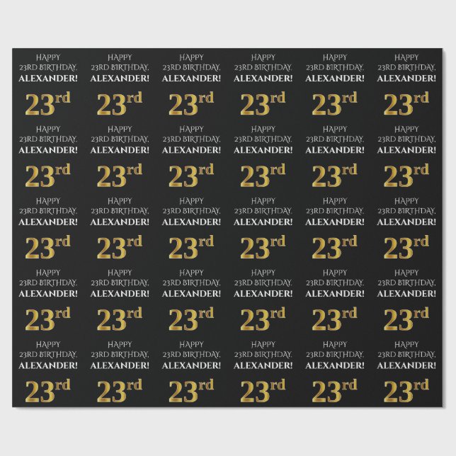 23rd Birthday: Elegant, Black, Faux Gold Look Wrapping Paper (Flat)