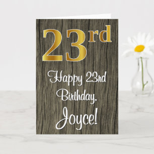 23rd Birthday: Elegant Faux Gold Look #, Faux Wood Card